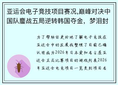 亚运会电子竞技项目赛况,巅峰对决中国队鏖战五局逆转韩国夺金，梦泪封神一战